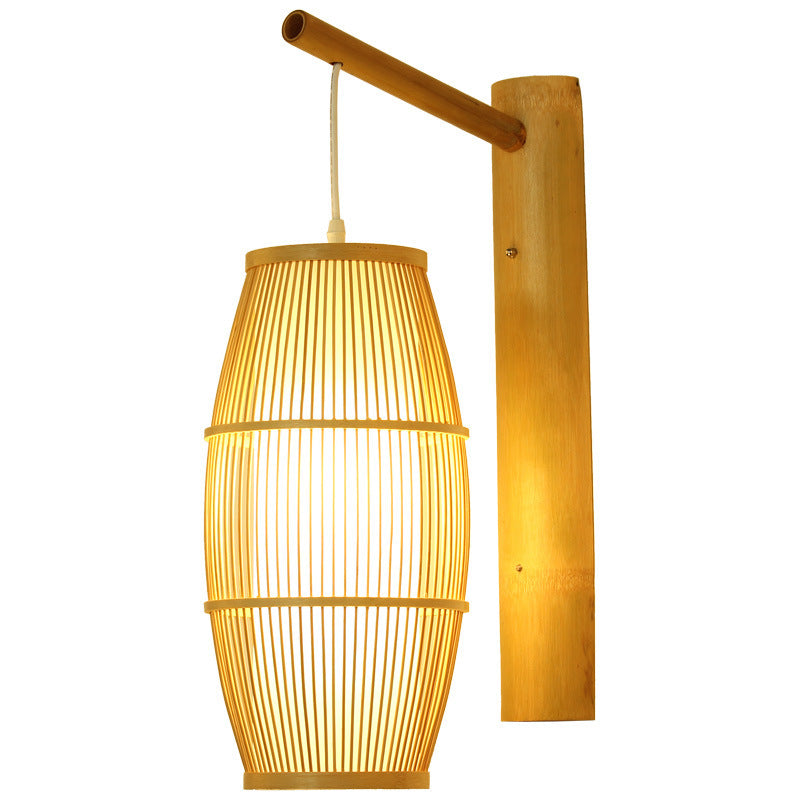 Lanterne chinoise traditionnelle cylindre demi-rond en bois de bambou 1-lumière applique murale pour salon 