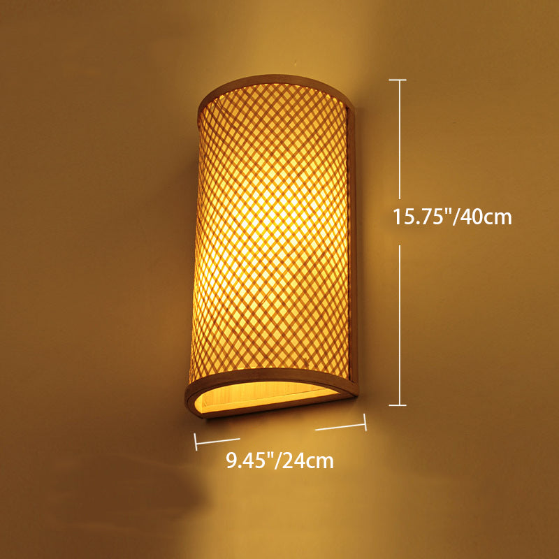 Lanterne chinoise traditionnelle cylindre demi-rond en bois de bambou 1-lumière applique murale pour salon 
