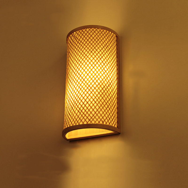 Lanterne chinoise traditionnelle cylindre demi-rond en bois de bambou 1-lumière applique murale pour salon 