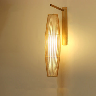 Traditionelle chinesische zylindrische runde PVC-Holz 1-Licht Wandleuchte für Wohnzimmer 