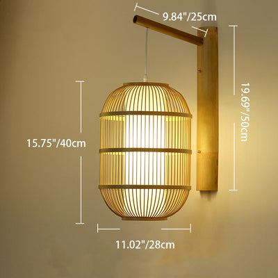 Traditionelle chinesische zylindrische runde PVC-Holz 1-Licht Wandleuchte für Wohnzimmer 