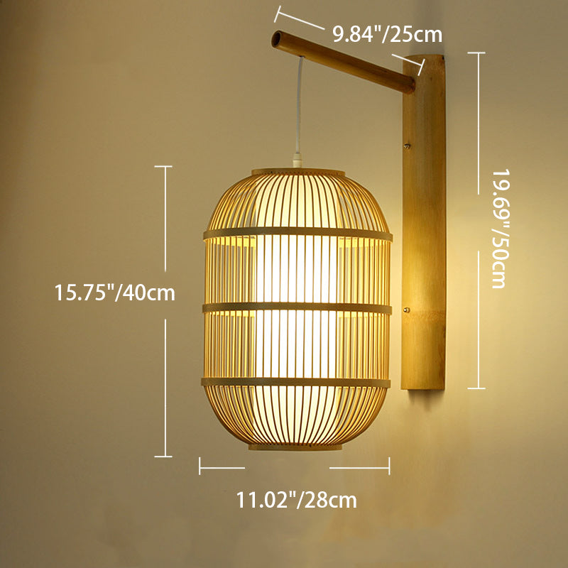 Traditionelle chinesische zylindrische runde PVC-Holz 1-Licht Wandleuchte für Wohnzimmer 