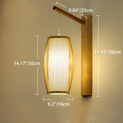 Traditionelle chinesische zylindrische runde PVC-Holz 1-Licht Wandleuchte für Wohnzimmer 