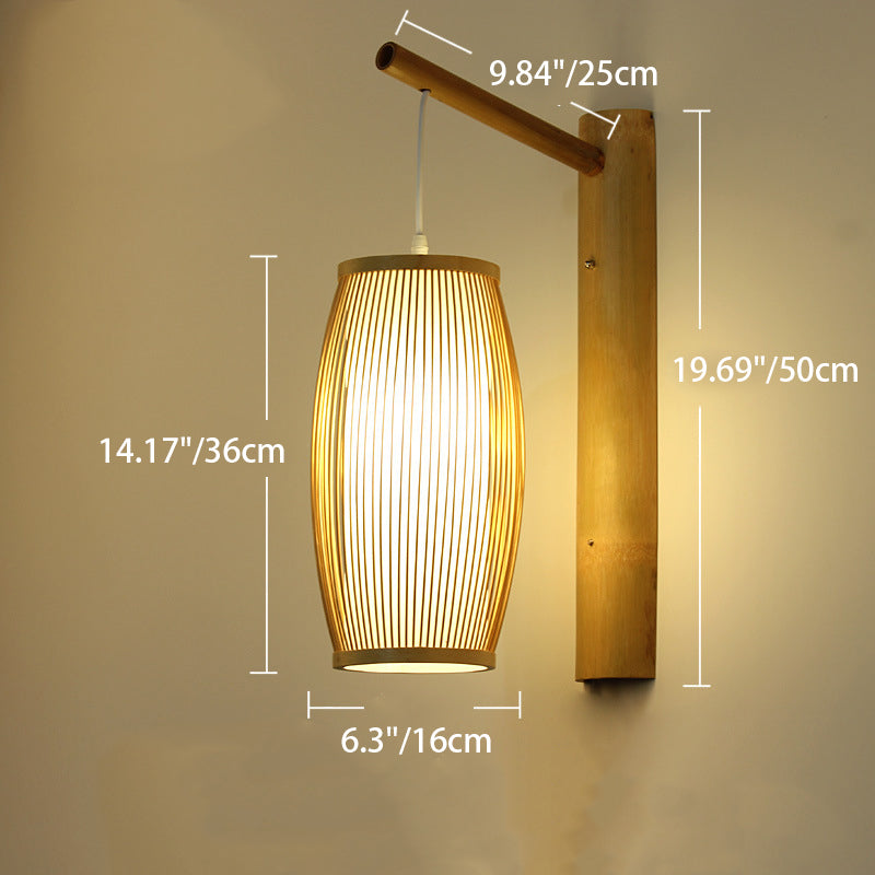 Traditionelle chinesische zylindrische runde PVC-Holz 1-Licht Wandleuchte für Wohnzimmer 