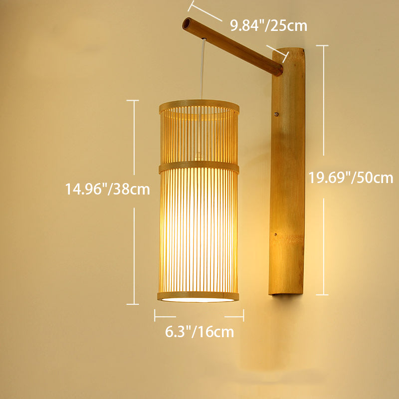 Traditionelle chinesische zylindrische runde PVC-Holz 1-Licht Wandleuchte für Wohnzimmer 
