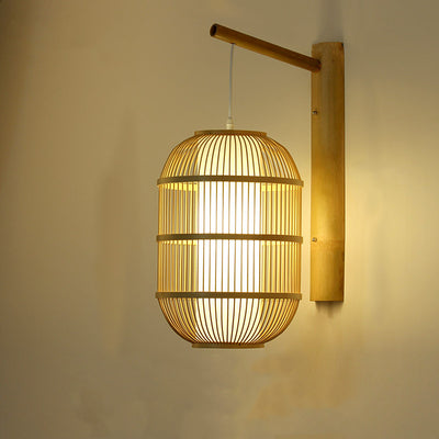 Traditionelle chinesische zylindrische runde PVC-Holz 1-Licht Wandleuchte für Wohnzimmer 
