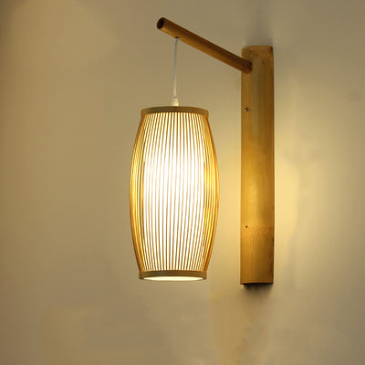 Traditionelle chinesische zylindrische runde PVC-Holz 1-Licht Wandleuchte für Wohnzimmer 