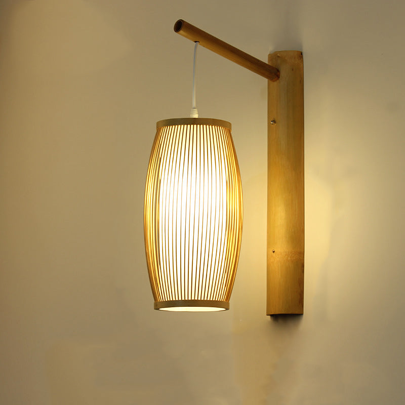Traditionelle chinesische zylindrische runde PVC-Holz 1-Licht Wandleuchte für Wohnzimmer 