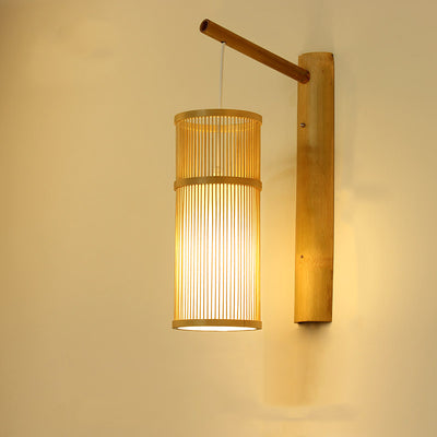 Traditionelle chinesische zylindrische runde PVC-Holz 1-Licht Wandleuchte für Wohnzimmer 