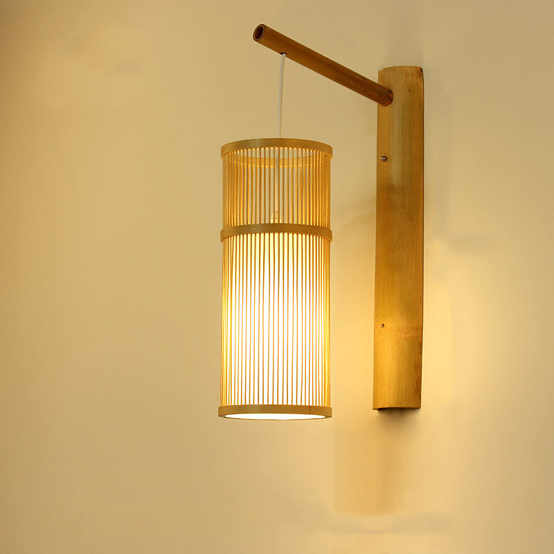 Traditionelle chinesische zylindrische runde PVC-Holz 1-Licht Wandleuchte für Wohnzimmer 