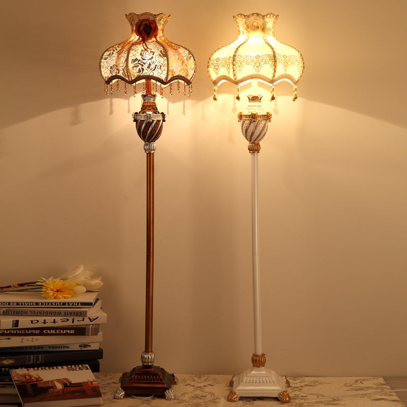 Lampe de sol traditionnelle japonaise avec pendentif en tissu rond et résine à 1 lumière pour salon 