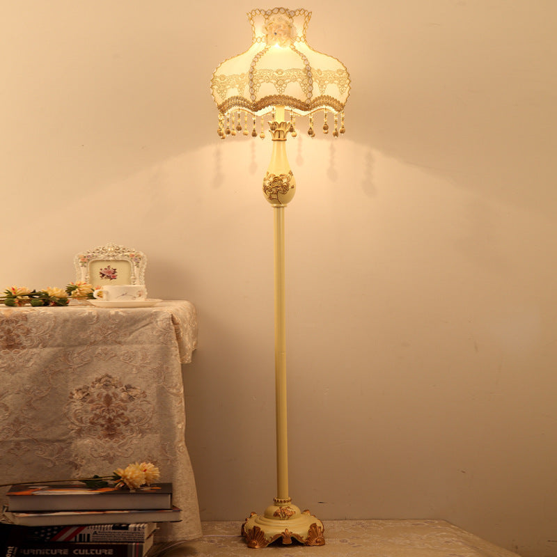 Lampe de sol traditionnelle japonaise avec pendentif en tissu rond et résine à 1 lumière pour salon 