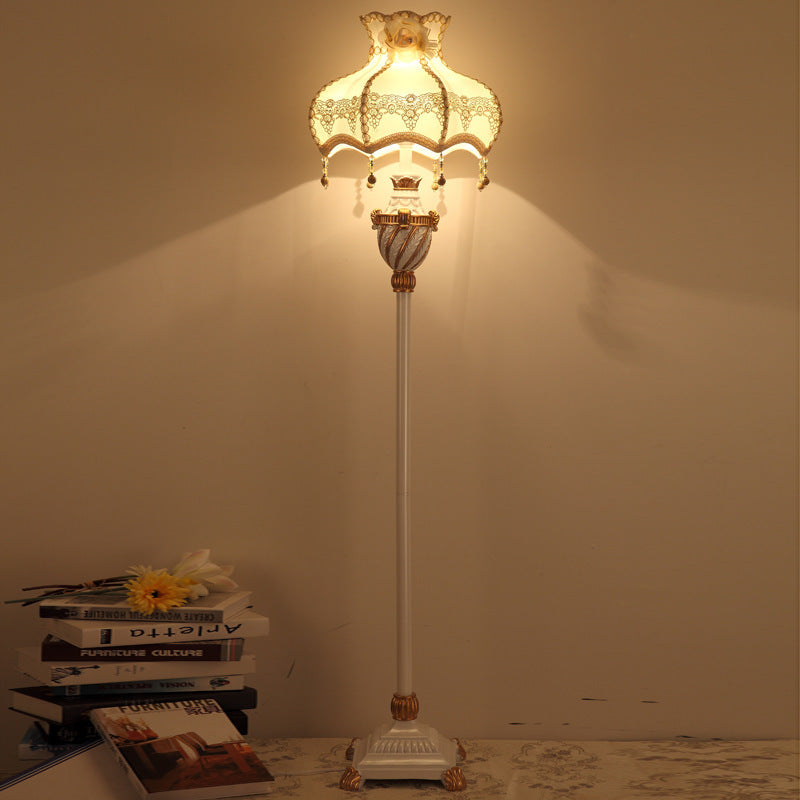 Lampe de sol traditionnelle japonaise avec pendentif en tissu rond et résine à 1 lumière pour salon 