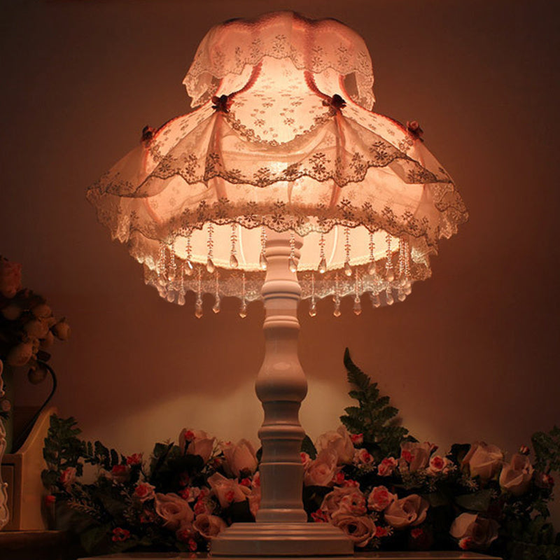 Modern Art Deco Pendant Round Lace Fabric Resin 1-Light Table Lamp For Bedroom
