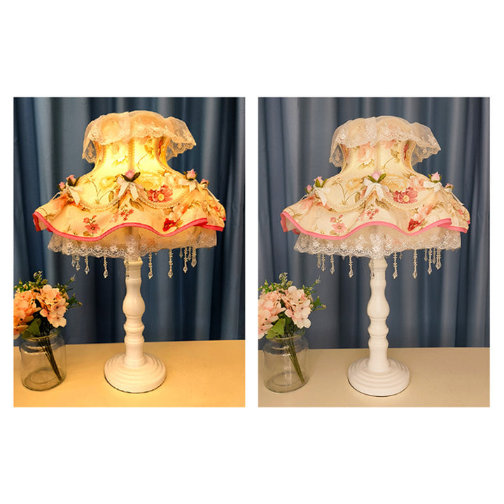 Lámpara de Mesa de 1 Luz de Plástico con Tela de Encaje Redonda de Estilo Art Deco Moderno para Dormitorio 