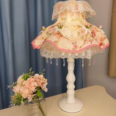 Modern Art Deco Round Lace Fabric Plastic 1-Light Table Lamp For Bedroom