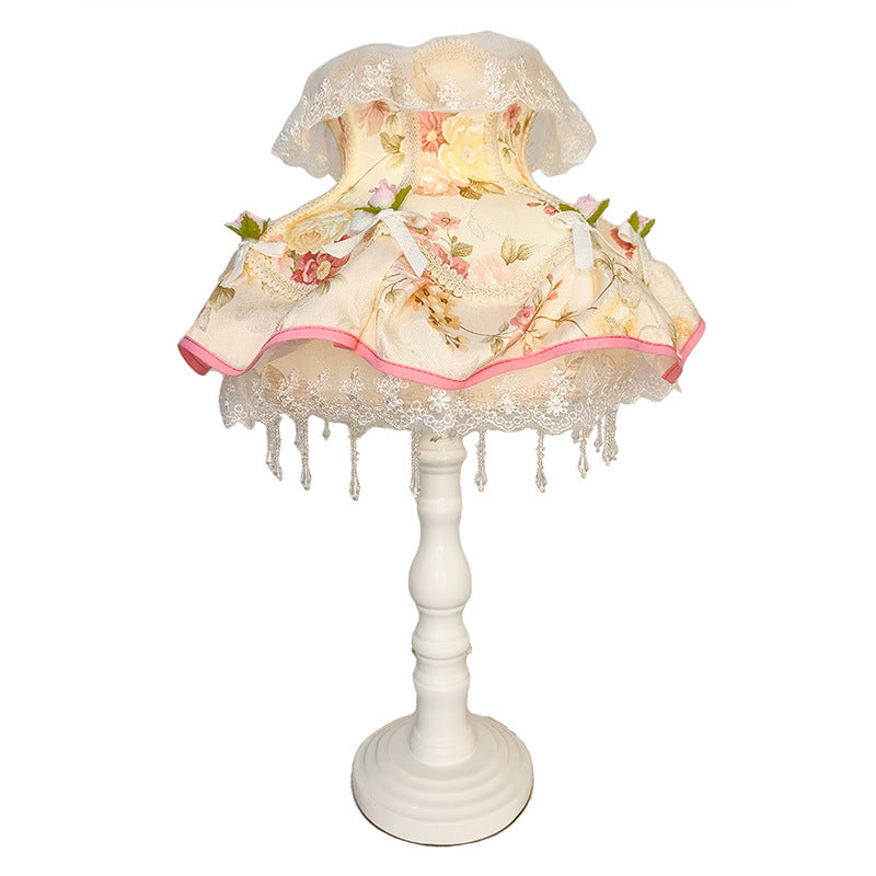 Modern Art Deco Round Lace Fabric Plastic 1-Light Table Lamp For Bedroom