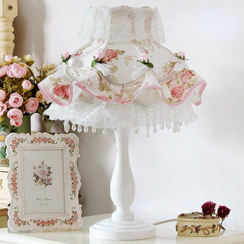 Modern Art Deco Round Lace Fabric Plastic 1-Light Table Lamp For Bedroom