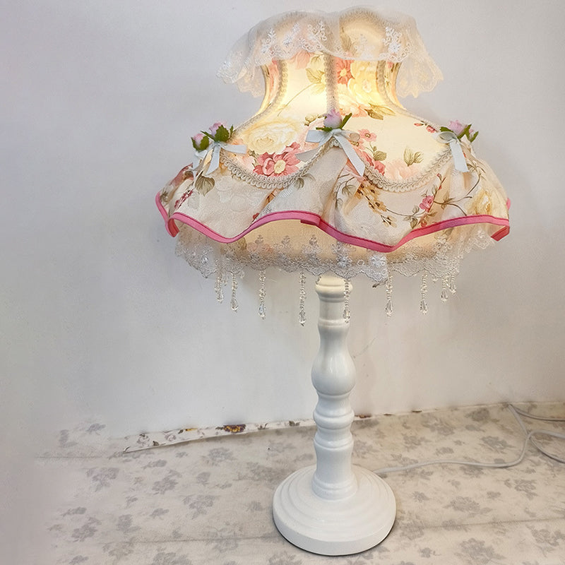 Modern Art Deco Round Lace Fabric Plastic 1-Light Table Lamp For Bedroom