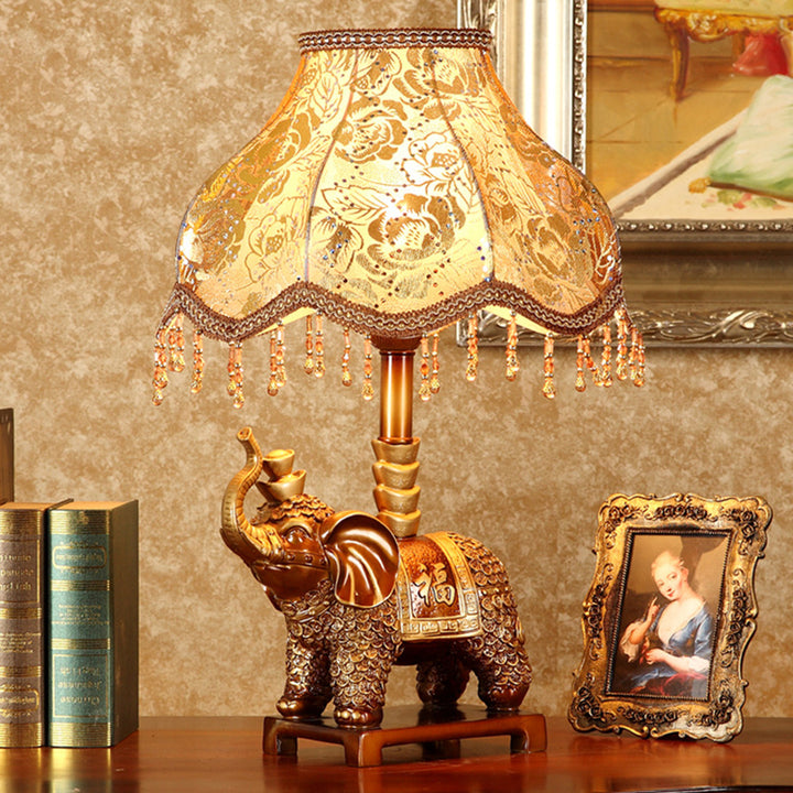 Traditionelle Vintage Elefant Runde Stoffharz 1-Licht Tischlampe Für Wohnzimmer 