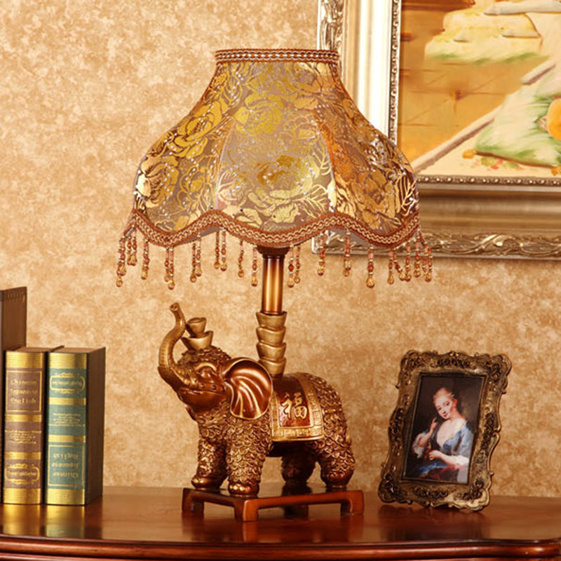 Traditionelle Vintage Elefant Runde Stoffharz 1-Licht Tischlampe Für Wohnzimmer 