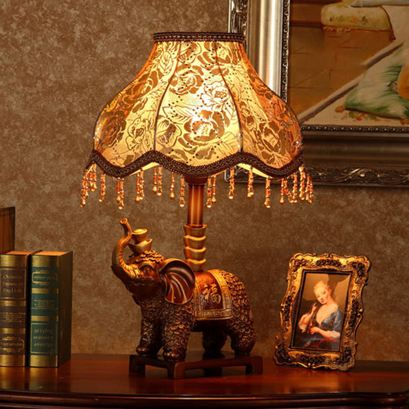 Traditionelle Vintage Elefant Runde Stoffharz 1-Licht Tischlampe Für Wohnzimmer 