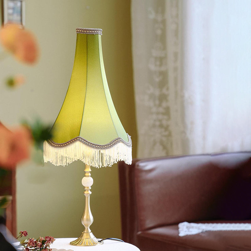 Lampe de Table Moderne en Laiton avec Tissu Conique Rond à Glands et Jade à 1 Lumière pour Salon 
