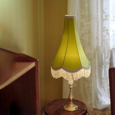 Lampe de Table Moderne en Laiton avec Tissu Conique Rond à Glands et Jade à 1 Lumière pour Salon 