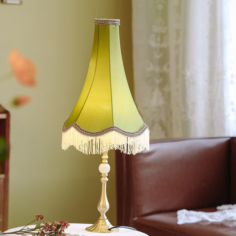 Lampe de Table Moderne en Laiton avec Tissu Conique Rond à Glands et Jade à 1 Lumière pour Salon 