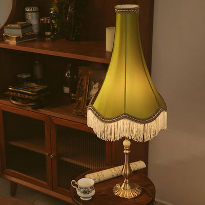 Lampe de Table Moderne en Laiton avec Tissu Conique Rond à Glands et Jade à 1 Lumière pour Salon 