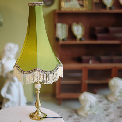 Lampe de Table Moderne en Laiton avec Tissu Conique Rond à Glands et Jade à 1 Lumière pour Salon 