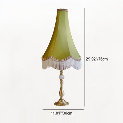 Lampe de Table Moderne en Laiton avec Tissu Conique Rond à Glands et Jade à 1 Lumière pour Salon 
