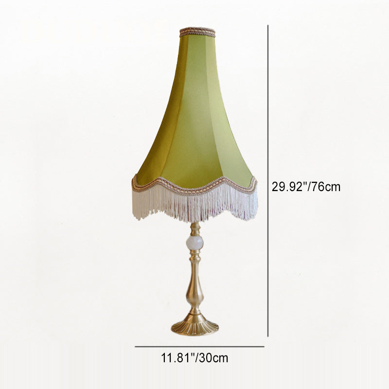 Lampe de Table Moderne en Laiton avec Tissu Conique Rond à Glands et Jade à 1 Lumière pour Salon 