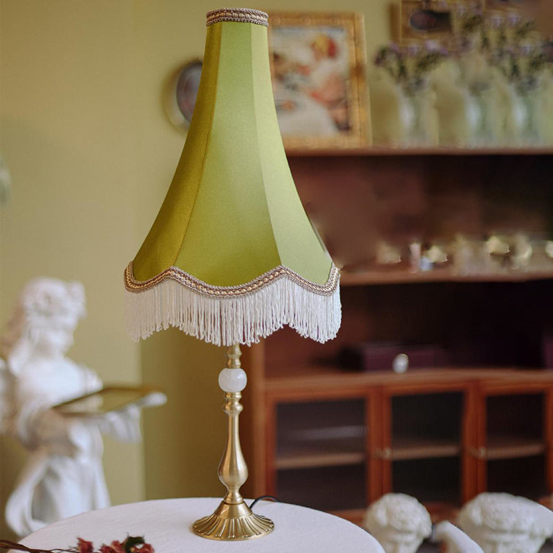Lampe de Table Moderne en Laiton avec Tissu Conique Rond à Glands et Jade à 1 Lumière pour Salon 