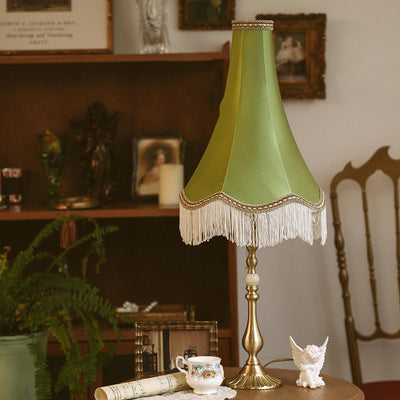 Lampe de Table Moderne en Laiton avec Tissu Conique Rond à Glands et Jade à 1 Lumière pour Salon 