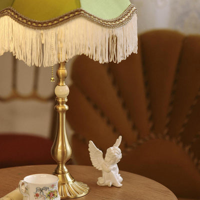 Lampe de Table Moderne en Laiton avec Tissu Conique Rond à Glands et Jade à 1 Lumière pour Salon 