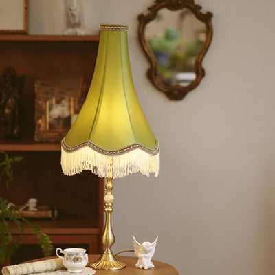 Lampe de Table Moderne en Laiton avec Tissu Conique Rond à Glands et Jade à 1 Lumière pour Salon 