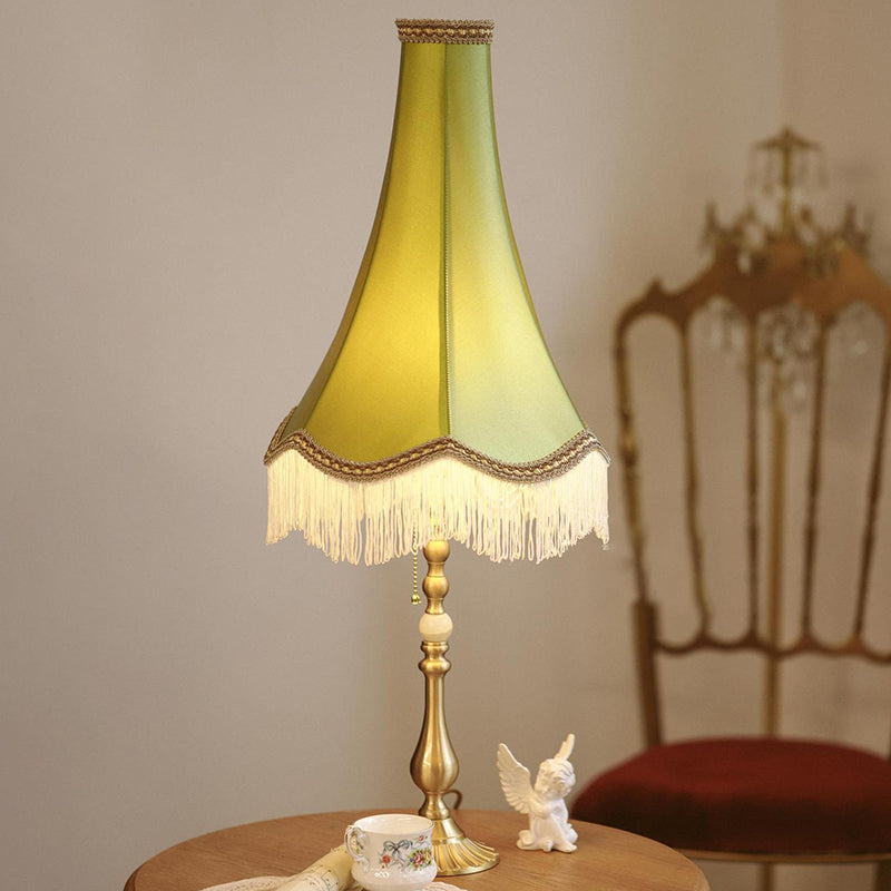 Lampe de Table Moderne en Laiton avec Tissu Conique Rond à Glands et Jade à 1 Lumière pour Salon 