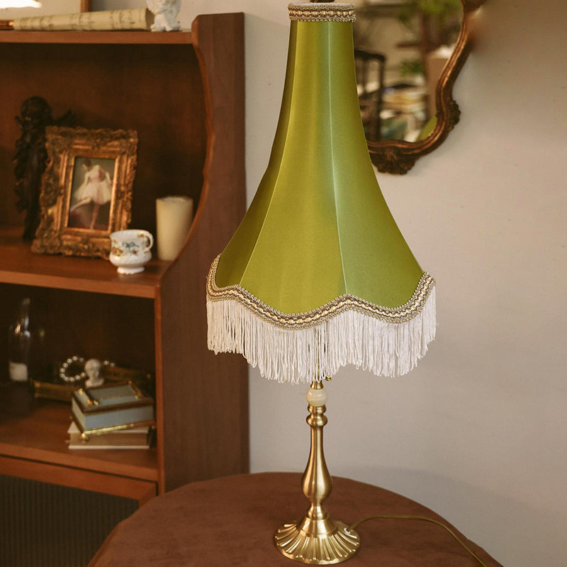 Lampe de Table Moderne en Laiton avec Tissu Conique Rond à Glands et Jade à 1 Lumière pour Salon 