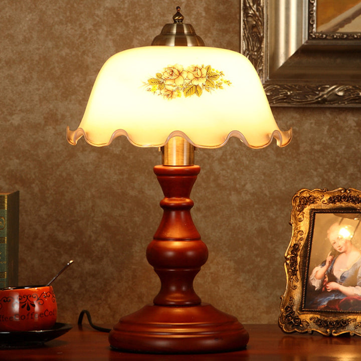 Traditionelle Vintage Runde Zylinder Pendelleuchte Blumen Stoff Glas Holz 1-Licht Tischlampe Für Wohnzimmer 