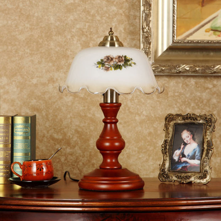 Traditionelle Vintage Runde Zylinder Pendelleuchte Blumen Stoff Glas Holz 1-Licht Tischlampe Für Wohnzimmer 