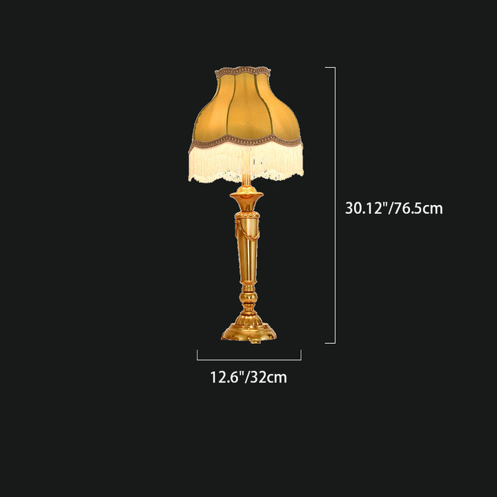 Traditionelle französische Fransenrunde Zylinderstoff Messing 1-Licht Tischlampe für Wohnzimmer 
