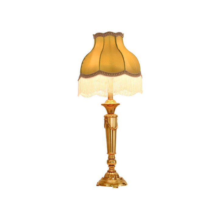 Traditionelle französische Fransenrunde Zylinderstoff Messing 1-Licht Tischlampe für Wohnzimmer 