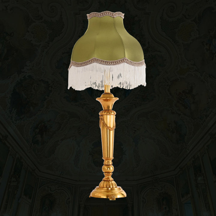 Traditionelle französische Fransenrunde Zylinderstoff Messing 1-Licht Tischlampe für Wohnzimmer 