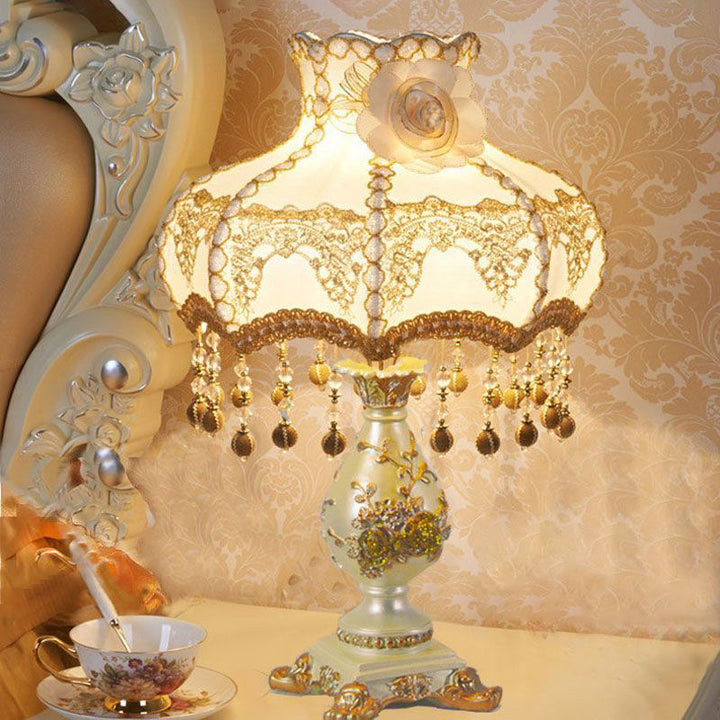 Lámpara de mesa de 1 luz de resina de tela redonda de rosa china tradicional para sala de estar 