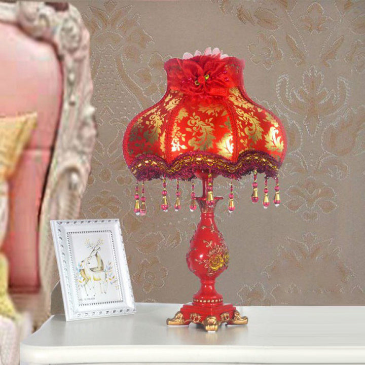 Lámpara de mesa de 1 luz de resina de tela redonda de rosa china tradicional para sala de estar 