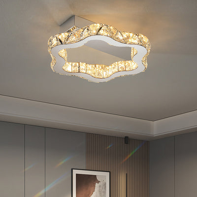 Plafonnier LED semi-encastré en cristal inoxydable à ondes florales de luxe moderne pour salon 