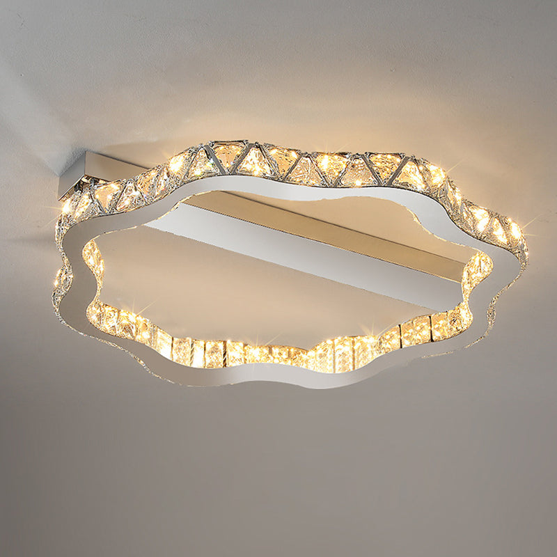 Plafonnier LED semi-encastré en cristal inoxydable à ondes florales de luxe moderne pour salon 