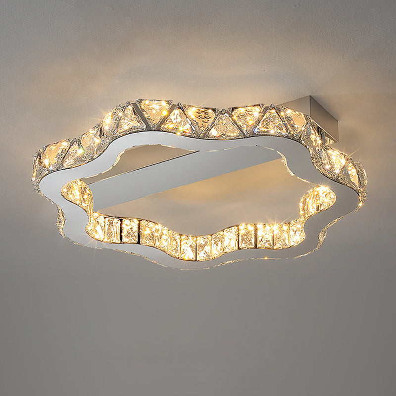 Plafonnier LED semi-encastré en cristal inoxydable à ondes florales de luxe moderne pour salon 