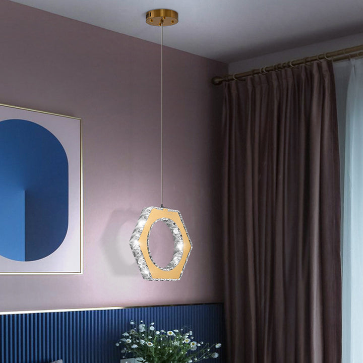 Lumière suspendue LED en acier inoxydable cristal ovale pentagone fleur hexagone tambour cube de luxe moderne pour salon 